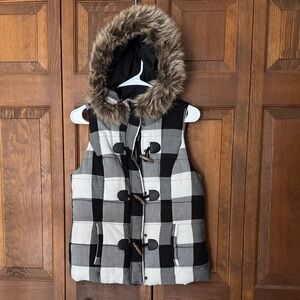 Maurices Black and White Checkered Vest with Faux Fur Hood